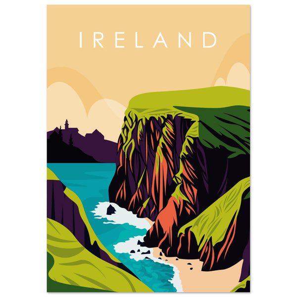Retro travel print of Cliffs of Moher in Ireland. Emerald green cliffs meet the Atlantic Ocean under a serene sky. Includes a traditional Irish cottage. Bold typography reads 'Cliffs of Moher – Where Land Meets Sea.' Captures Ireland's natural beauty.