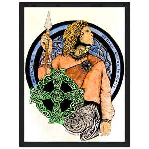 Framed art print of Cu Chulainn, The Hound of Ulster, from ancient Celtic mythology. Features intricate druid knots and pagan symbols, capturing Ireland's rich heritage. Celebrating the legendary hero and ancient wisdom.