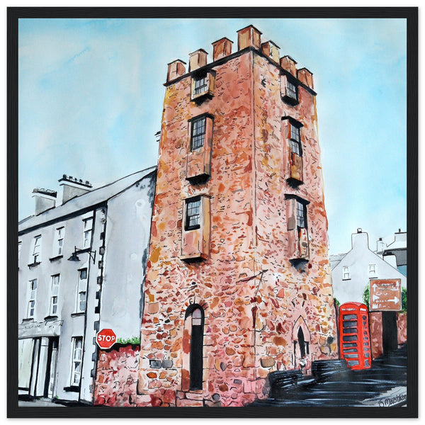 Framed art print 'The Curfew Tower' by Ó Maoláin. This piece depicts The Curfew Tower in Cushendall, Glens of Antrim, built by Francis Turnley in 1820 and now owned by Bill Drummond. The artwork showcases the tower amid the scenic Glens of Antrim.