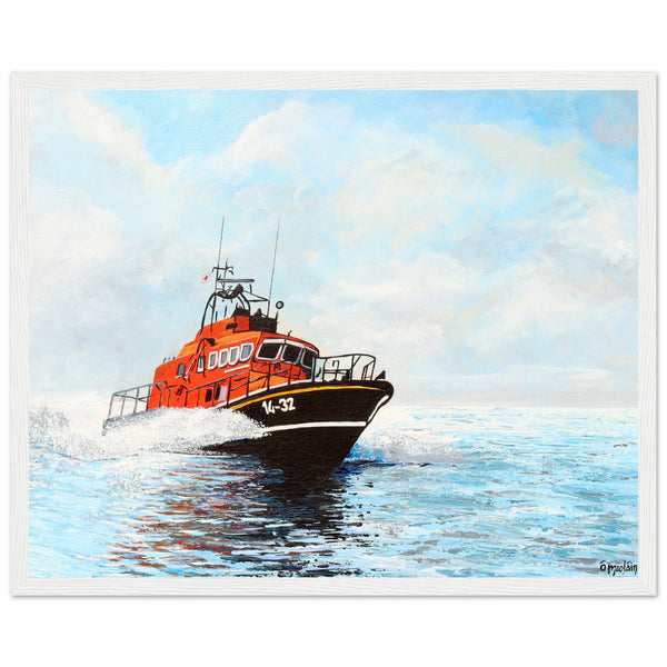 White framed art print of an RNLI lifeboat battling waves, celebrating the bravery of lifeboat crews. Available in multiple colour frame and finishes. Perfect for any nautical enthusiasts that support the RNLI's life-saving missions.