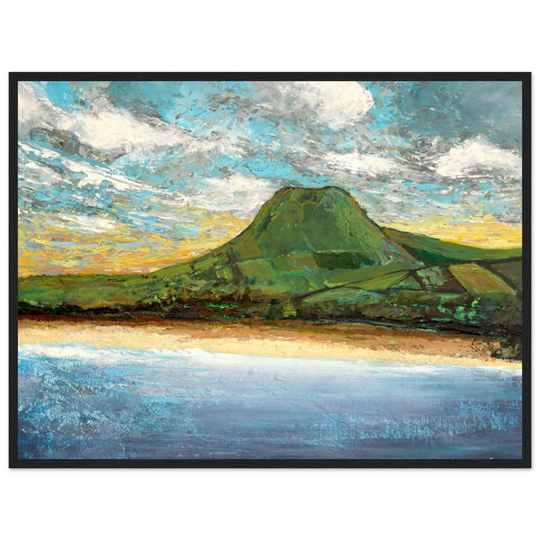 Framed semi-abstract giclee print by Irish artist Ó Maoláin featuring Lurig Mountain and Cushendall Beach in Antrim. The vibrant landscape captures the scenic beauty of the rural beach with its crystal clear waters and sheltered bay, perfect for sea swimming.