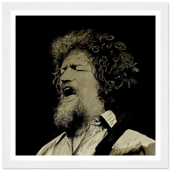 Framed art print of Luke Kelly by Ó Maoláin. Captures Kelly singing On Raglan Road. Tribute to The Dubliners' singer and Irish folk music. High-quality framing adds elegance. Perfect for fans of traditional ballads like Grace. Buy Irish Art. Prints Ireland.