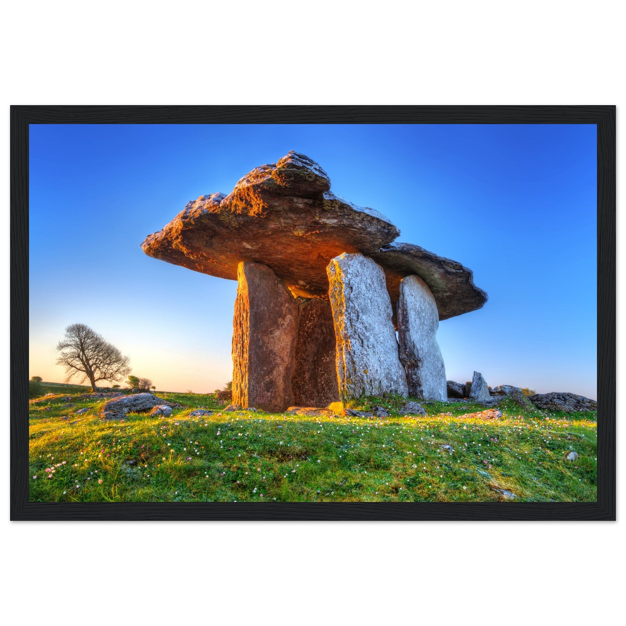 Framed print of Poulnabrone Dolmen, iconic Irish monument amidst Burren's limestone plateau. Evokes rich history and breathtaking landscapes.