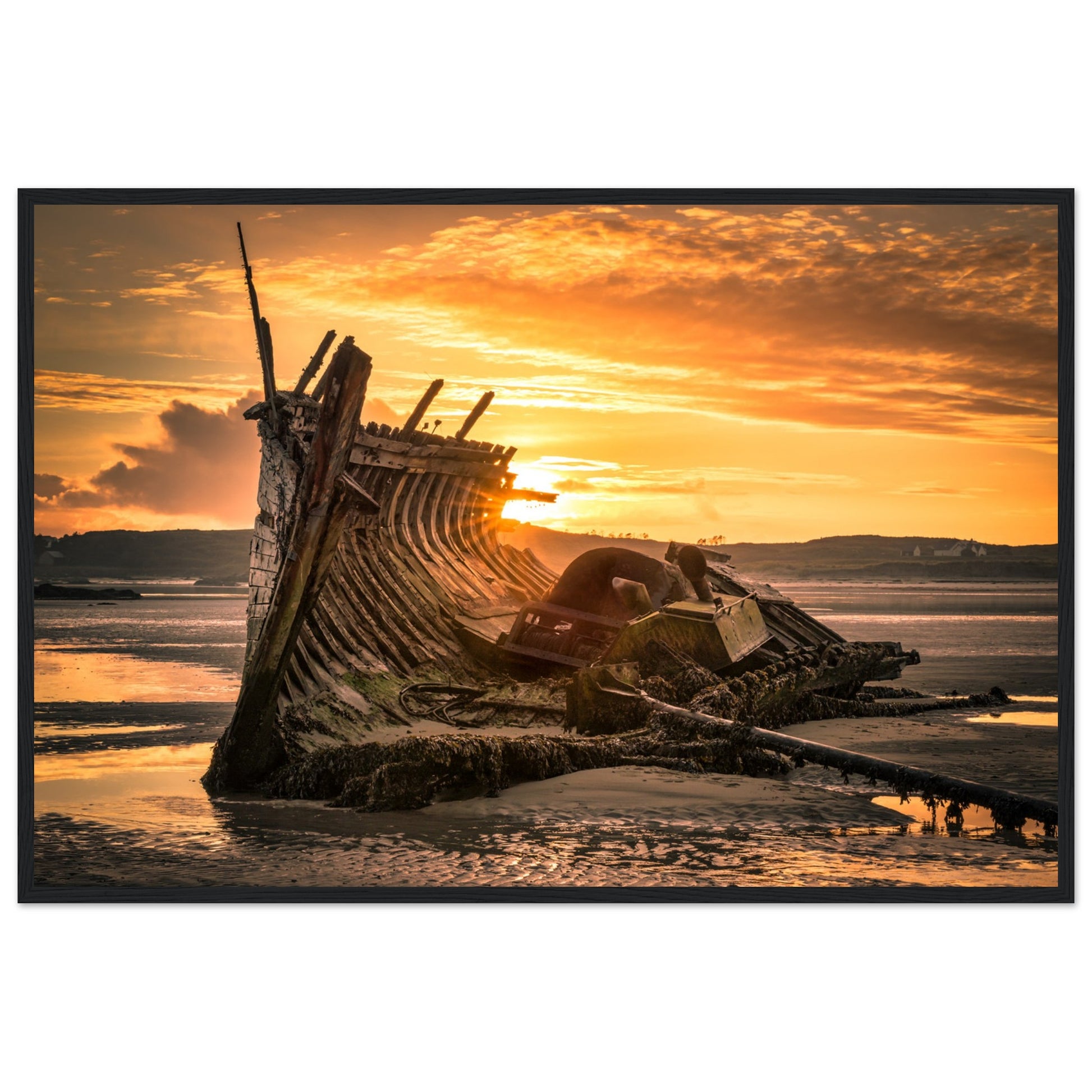 Fine art print captures Bád Eddie shipwreck at sunset on Donegal's rugged coast. Rich cultural heritage & stunning scenery from Bunbeg, Co. Donegal, along Ireland's Wild Atlantic Way