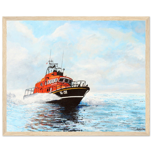 Wooden framed art print of an RNLI lifeboat battling waves, celebrating the bravery of lifeboat crews. Available in multiple colour frame and finishes. Perfect for any nautical enthusiasts that support the RNLI's life-saving missions.