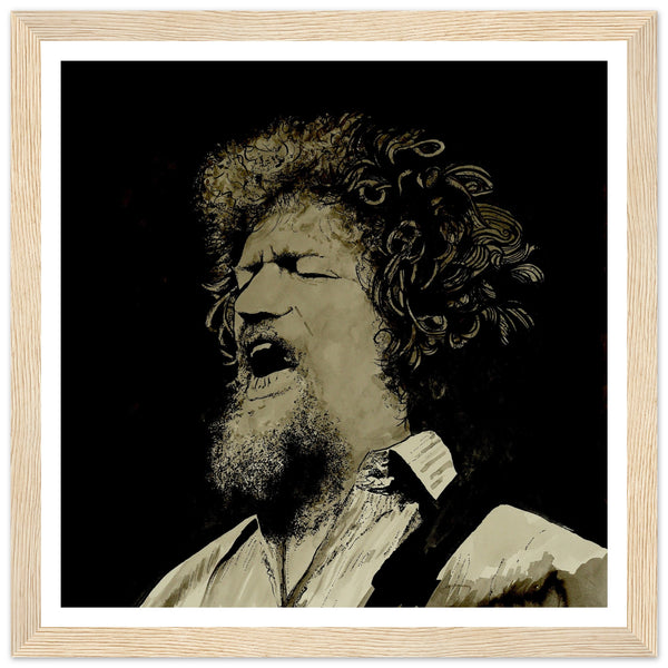 Luke Kelly Art Print by Ó Maoláin. Captures Kelly's essence performing On Raglan Road. Framed, high-quality, perfect for fans of The Dubliners and traditional ballads. Ideal Folk Music Poster for your home, celebrating Irish songs like Grace. Buy Irish Art.