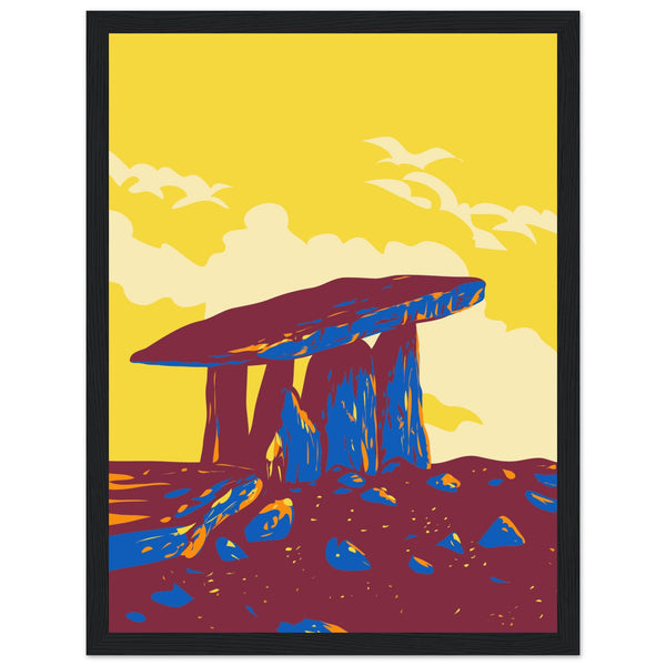 Vintage-style framed travel poster art print of Poulnabrone Dolmen in County Clare's Burren. Neolithic tomb against limestone backdrop, ideal for home decor or gift.