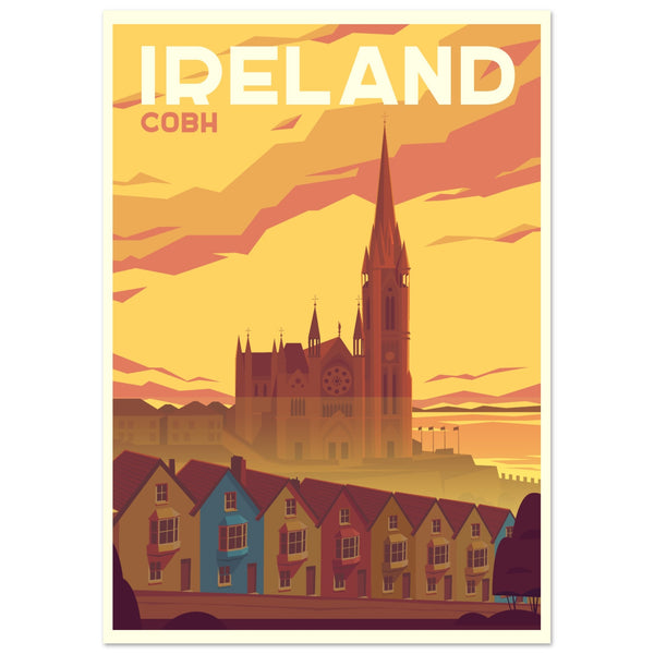 Vintage-style art print of Cobh, Cork, capturing its historic maritime charm. Ideal decor for travel lovers and enthusiasts of retro aesthetics.