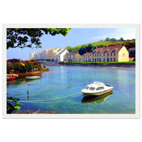 Framed wall art print of Cushendun, Northern Ireland, showcasing a serene coastal view with rugged cliffs, a tranquil sea, and vibrant greenery. Perfect for adding a touch of natural beauty and Irish charm to any home or office decor. High-quality, vivid colors.