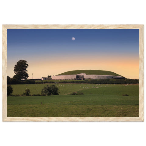 Newgrange framed print: A mesmerizing depiction of Ireland's ancient monument, meticulously crafted on archival paper, framed in premium wood. Celestial alignment captured in elegant detail. Free worldwide shipping.