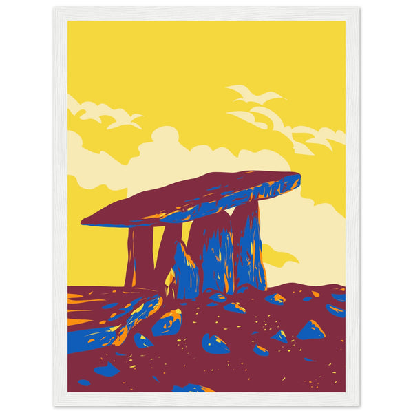 Vintage framed travel poster art print of Poulnabrone Dolmen in County Clare's Burren. Neolithic tomb set against limestone backdrop, ideal for home decor or as a thoughtful gift capturing Ireland's ancient allure.