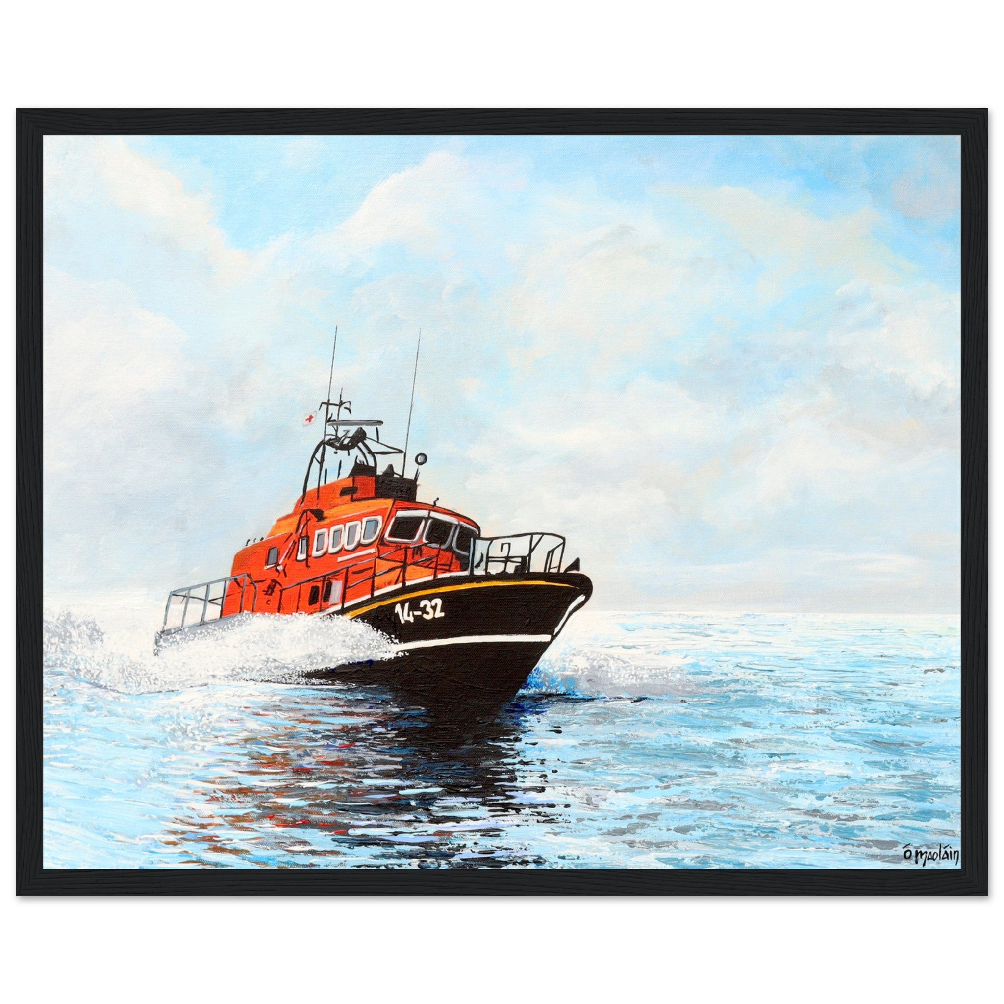 Black framed art print of an RNLI lifeboat battling waves, celebrating the bravery of lifeboat crews. Available in multiple colour frame and finishes. Perfect for any nautical enthusiasts that support the RNLI's life-saving missions.