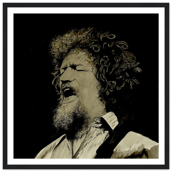 Framed art print of Luke Kelly by Ó Maoláin. Captures Kelly singing On Raglan Road, highlighting his emotive storytelling. Perfect for fans of The Dubliners and Irish folk music. Elegant framing makes it a great addition to any home. Buy Irish Art, Prints Ireland.