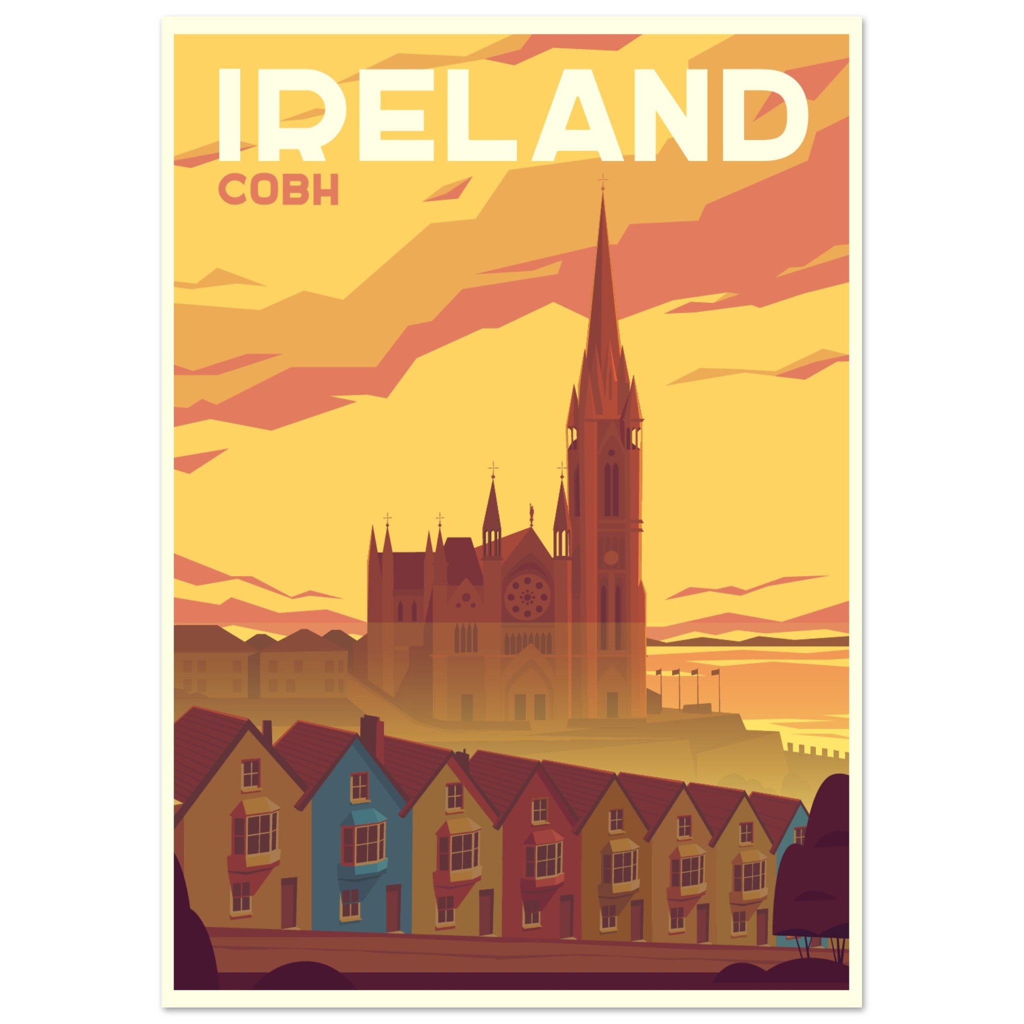 Vintage-style art print of Cobh, Cork, capturing its historic maritime charm. Ideal decor for travel lovers and those fond of retro aesthetics.