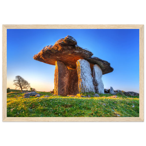 Framed print of Poulnabrone Dolmen, iconic Irish monument amidst Burren's limestone plateau. Evokes rich history and breathtaking landscapes.