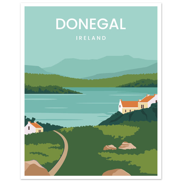 Minimalist Donegal, Ireland travel poster art print, showcasing serene landscapes and iconic Irish elements in a stylish, simplified design