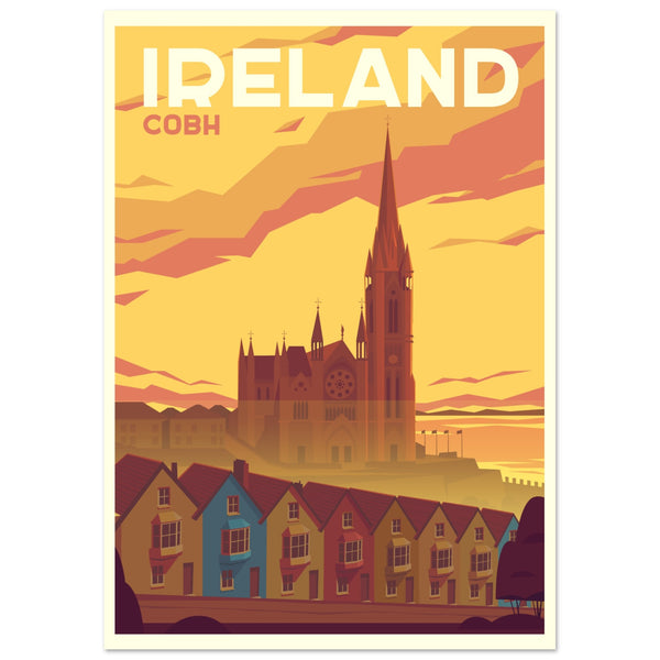 Vintage-style art print of Cobh, Cork, capturing its historic maritime charm. Ideal decor for travel lovers and enthusiasts of retro aesthetics.