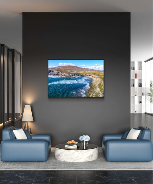 Framed print of Achill Island and the Wild Atlantic Way, showcasing rugged cliffs, the vast Atlantic Ocean, and rich, intricate colors. Perfect for adding the untamed beauty and unique charm of the Irish west coast to any space. Ideal for art lovers and coastal enthusiasts.