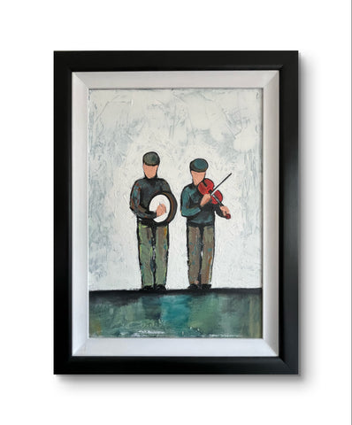 Original acrylic painting titled "Traditional Irish Musicians" by Ó Maoláin. Features two musicians, one playing a fiddle and the other a bodhrán, against a whitewashed background with grey and green tones. Framed in a black wooden frame with white scoop inlay.