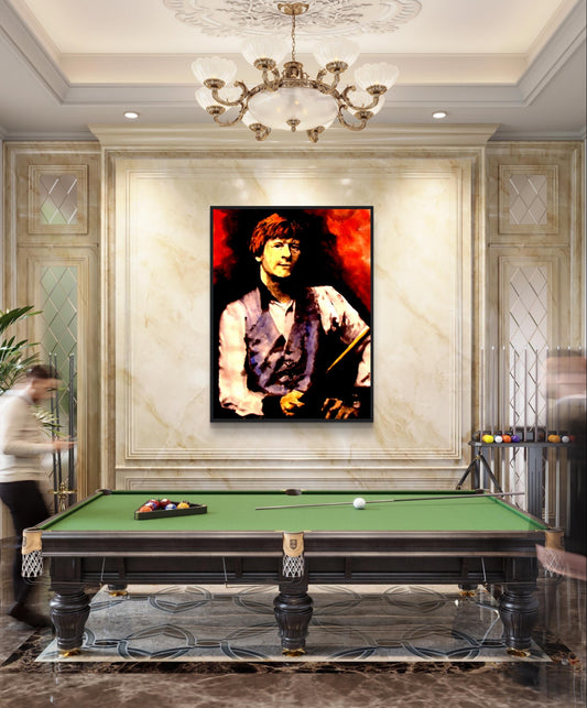 Framed art print of Alex Higgins, World Snooker Champion, by Belfast-born artist B. Mullan. This detailed artwork captures Higgins' legacy, making it perfect for homes, offices, or sports-themed spaces. A tribute to a Northern Irish snooker legend.