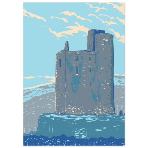 Retro art print of Ballinalacken Castle in County Clare, Ireland. This vintage-inspired poster captures the historic charm and scenic beauty of the iconic castle, perfect for home decor or as a unique gift. Ideal for history buffs and art enthusiasts alike