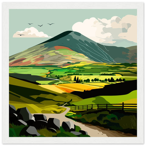 A serene landscape featuring lush green fields and meadows, evoking the tranquil beauty of the Irish countryside.
