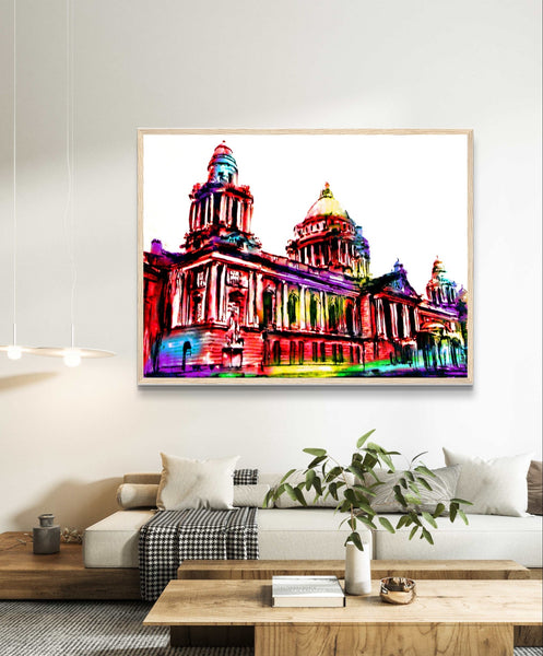 Vibrant Belfast City Hall Framed Art Print by Ó Maoláin. Colourful depiction of Belfast's iconic landmark, reflecting its dynamic spirit. Perfect for commemorating your connection to Belfast or sharing its charm. Great Wedding Gift.