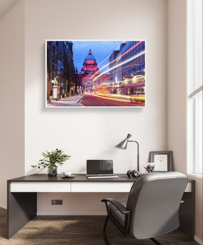 Vibrant Belfast City Hall Framed Art Print: A colorful depiction of Belfast's iconic City Hall with intricate details. The landmark is set against a lively backdrop of vivid hues, reflecting the city's dynamic spirit. Perfect for adding urban sophistication to any space.