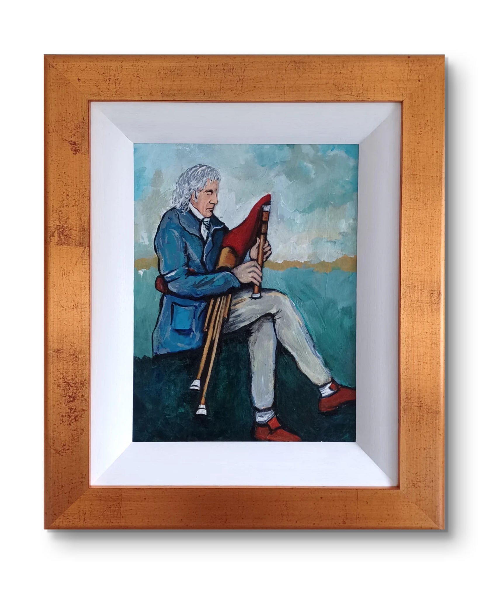 Captivating painting of blind Irish Uilleann piper Pádraig Ó Briain by artist Ó Maoláin, framed in gold with a white scoop inlay. Painting size: 40cm x 30cm, frame size: 60cm x 50cm, depth: 3.5cm. Comes ready to hang with included fittings.