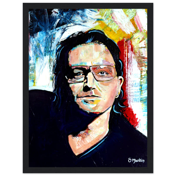 Colorful and vibrant framed wall art print of Bono from U2 by Irish artist Ó Maoláin. This striking portrait captures Bono's legendary stage presence, adding rock 'n' roll flair to your decor. A perfect statement piece for U2 fans, blending music and art seamlessly.