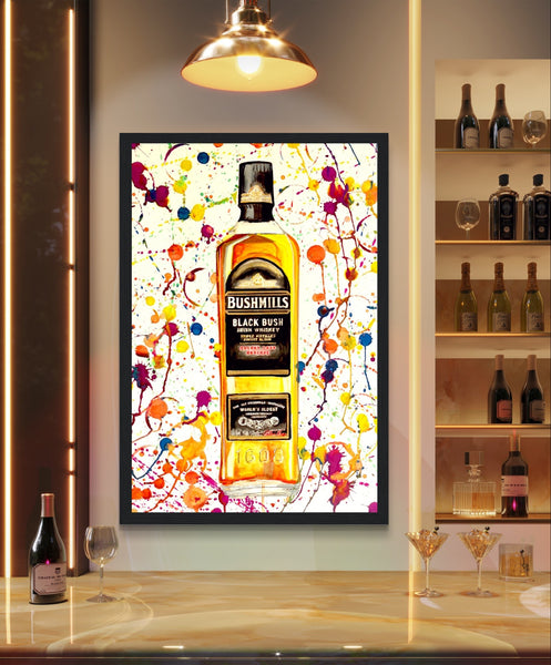 Artwork of Bushmills Black Bush whiskey bottle in Bushmills, Northern Ireland, near Giant's Causeway. Perfect for whiskey lovers and those who appreciate Irish craftsmanship. Hotel Bar Whiskey Collection. 
