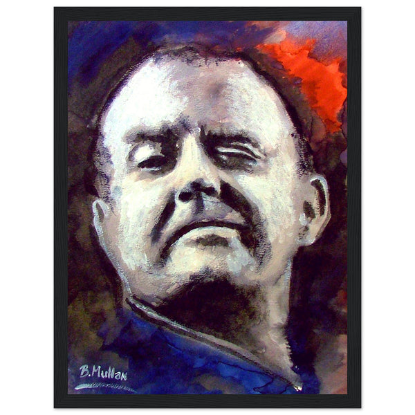 Framed Christy Moore Art Print by B. Mullan. This stunning poster wall art captures the legendary Irish singer-songwriter known for songs like 'Ride On' and 'The Voyage.' Perfect for fans of Irish folk music and collectors of Irish art.