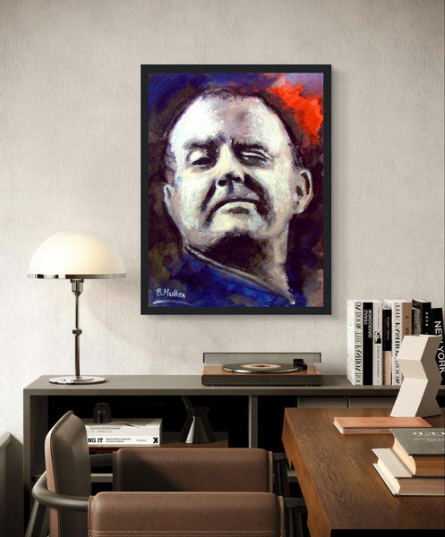Christy Moore Art Print featuring the legendary Irish folk singer-songwriter, known for songs like 'Ride On' and 'The Voyage'. Handcrafted by Irish artist B. Mullan, a tribute to Moore's iconic music and Irish artistic heritage.