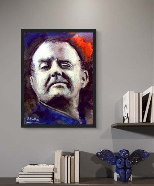 Portrait of Christy Moore Art Print by B. Mullan, capturing the essence of Irish folk music. Tribute to a legendary singer with iconic songs like 'Ride On' and 'The Voyage'. Ideal for fans of Irish art and folk music.
