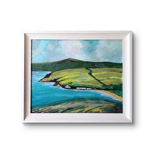 Cushendun' is a signed, original, painting on canvas by Irish artist Ó Maoláin. The painting depicts Cushendun with Glenariff in the distance, County Antrim, North Coast, Northern Ireland.