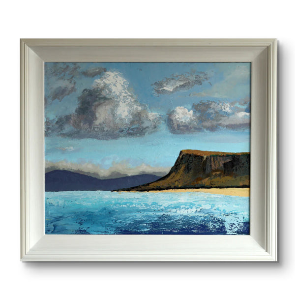 Acrylic painting on canvas depicting Ballycastle beach and Fair Head in County Antrim, Northern Ireland. Signed by artist Ó Maoláin, framed in white. Captures serene coastal landscape.
