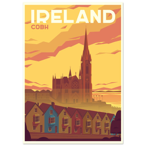 Vintage-style art print poster of Cobh, Cork, capturing its historic maritime charm. Ideal for travel enthusiasts and lovers of retro decor. Bring the timeless allure of Cobh into your home decor.