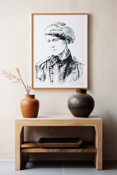 Irish art print by Ó Maoláin depicting Countess Markievicz, celebrating her courage and activism. This timeless piece blends art and history, capturing Ireland&#39;s heritage. Perfect for adding a meaningful touch to any space.