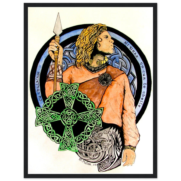 Framed art print of Cu Chulainn - The Hound of Ulster by Irish artist B. Mullan. Features a detailed illustration of the legendary warrior with intricate druid knots and pagan symbols, celebrating ancient Celtic mythology and Irish heritage