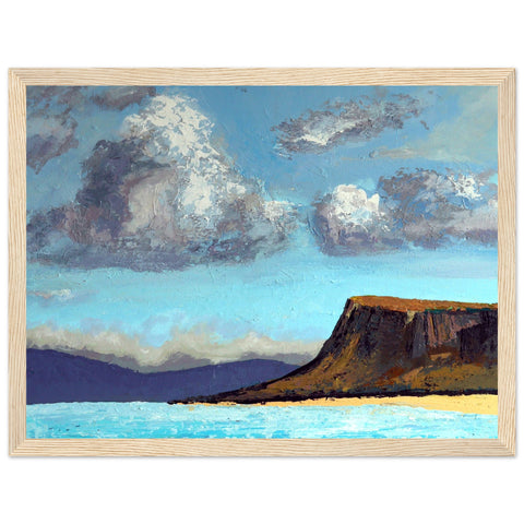 Ó Maoláin's framed art print captures Ballycastle beach, with Fair Head in the distance. Serene coastal scene, sandy shores, cliffs. County Antrim, Ireland.