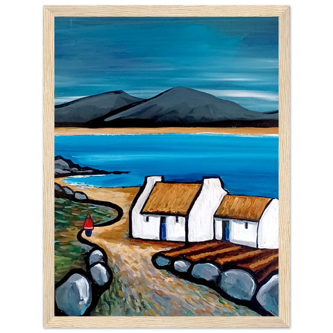Framed art print titled Connemara Lakes Cottage by Irish artist Ó Maoláin. Depicts a serene lakeside cottage in Connemara, Ireland, surrounded by rolling hills and calm waters. Evokes tranquility and rustic charm, perfect for home decor and lovers of Irish landscapes.