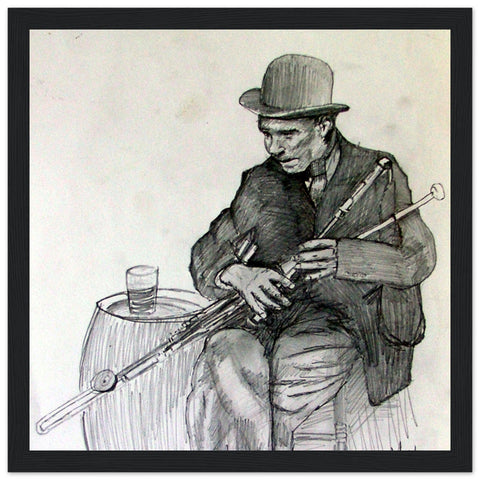 Framed art print of an old uilleann piper playing traditional Irish pipes by artist B. Mullan. Captures essence of Irish folk music and culture. Ideal for collectors of Irish wall art. Prints of Ireland showcasing píobaí uilleann bagpipes.