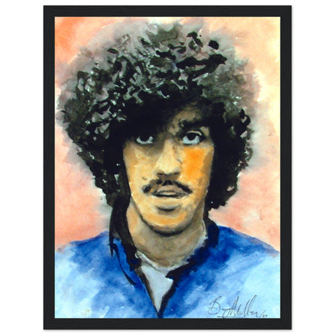 Framed art print of Phil Lynott, iconic Thin Lizzy frontman, by Irish artist. Tribute to 70s-80s rock band, heavy metal. Ideal for music fans and collectors of Irish art.