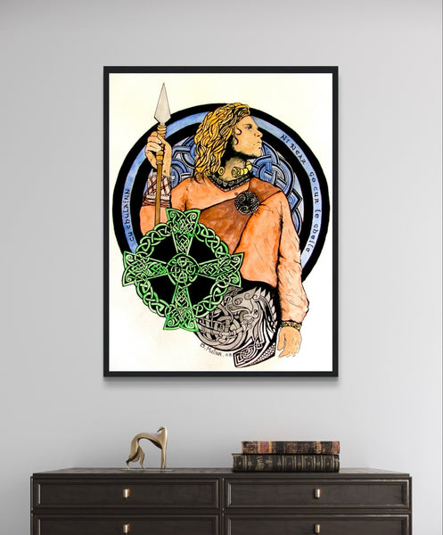 Framed art print of Cu Chulainn - The Hound of Ulster by Irish artist B. Mullan. Features a detailed illustration of the legendary warrior with intricate druid knots and pagan symbols, celebrating ancient Celtic mythology and Irish heritage