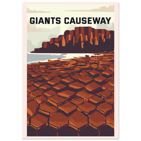 Vibrant travel art print poster of the Giant's Causeway, Northern Ireland. Features iconic hexagonal basalt columns and rugged coastal scenery in earthy tones. Perfect decor for nature lovers and travel enthusiasts. Available in multiple sizes.