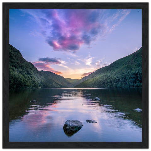 Beautiful dusk scene of Upper Lake in Glendalough Valley, Co. Wicklow, Ireland. Calm water reflects the sky, surrounded by lush greenery and mountains. Captured in a high-quality, framed wall art print, perfect for adding serene, natural beauty to any space