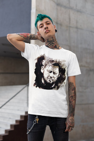 Shane MacGowan T-Shirt featuring a bold portrait of the Irish folk music legend, capturing his iconic presence with a vintage vibe and rock and roll flair.