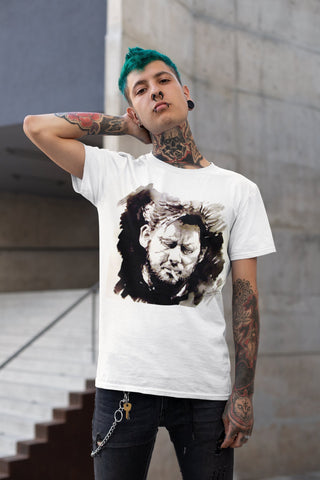 Shane MacGowan T-Shirt featuring a bold portrait of the Irish folk music legend, capturing his iconic presence with a vintage vibe and rock and roll flair.
