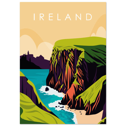 Retro travel print of Ireland's Cliffs of Moher, featuring emerald green cliffs meeting the Atlantic Ocean under a serene sky. Includes a traditional Irish cottage. Bold typography reads 'Cliffs of Moher – Where Land Meets Sea,' capturing Ireland's natural beauty.