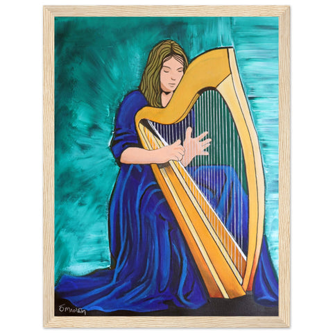 Framed wall art print featuring a detailed Irish Harp in green, blue, and gold, symbolizing Ireland’s musical heritage. Perfect for home decor or as a gift. Irish Harpist, Framed Wall Art Print, Celtic Music, Ireland, Culture, Home Decor, Gift.
